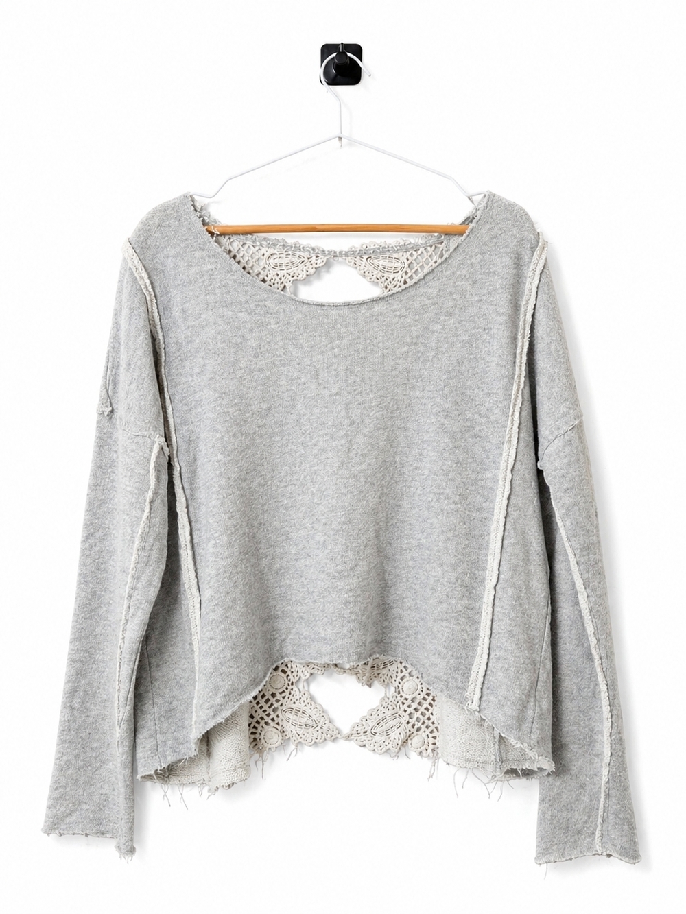 Free People Gray Lace-Back Raw-Edge Pullover